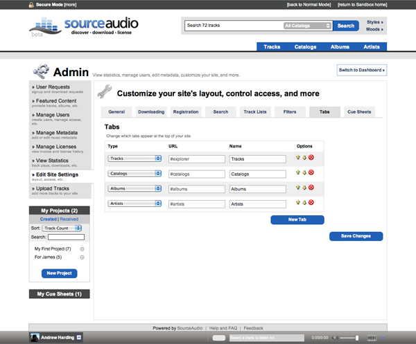 control your tabbed navigation on SourceAudio