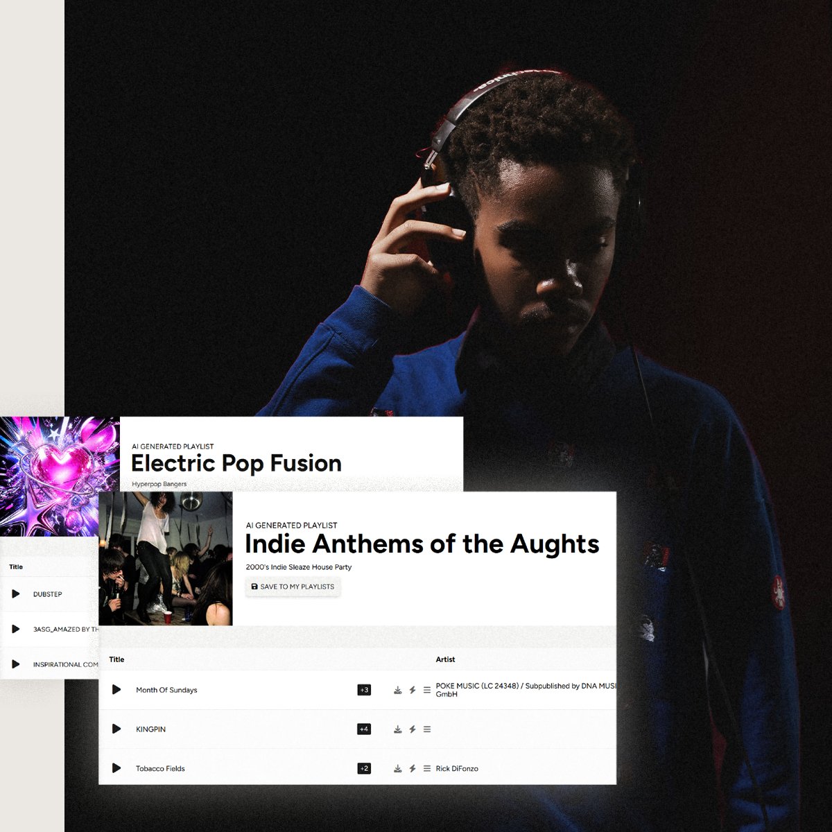 A listener in headphones beside an AI-generated playlist