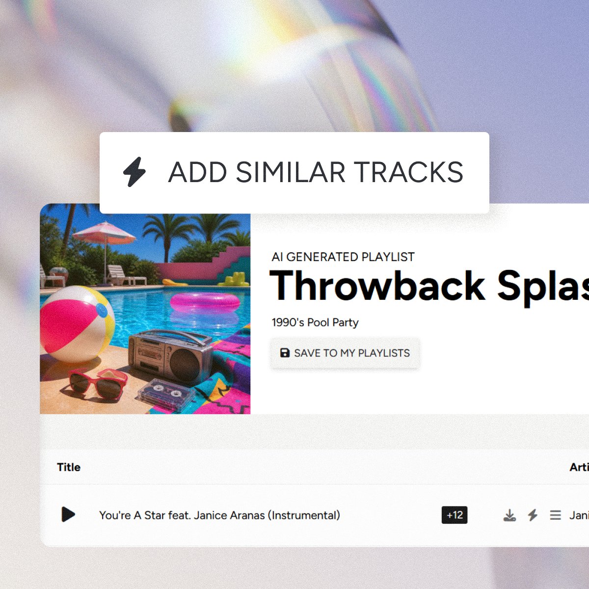 An AI-generated playlist, Throwback Splash, with an Add Similar Tracks button
