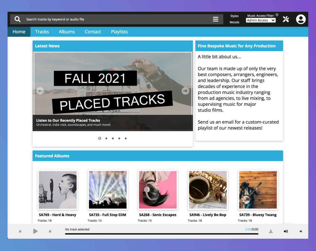 The SourceAudio homepage builder makes it easy for site admins to create a beautiful, high-functioning landing page for their SourceAudio library site. 